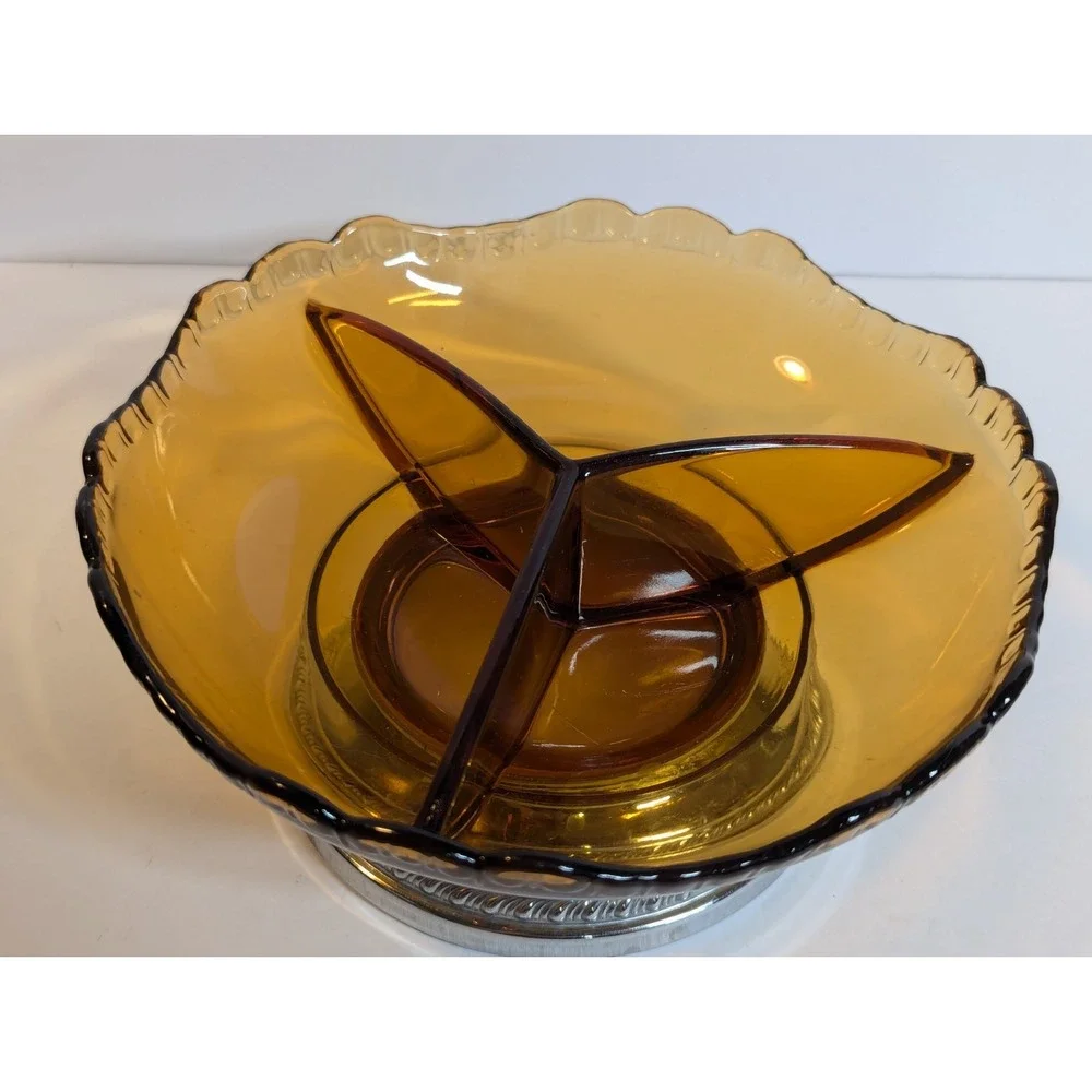 Vintage Farber Bros Krome Kraft  Glass Divided Dish Bowl Amber‎
